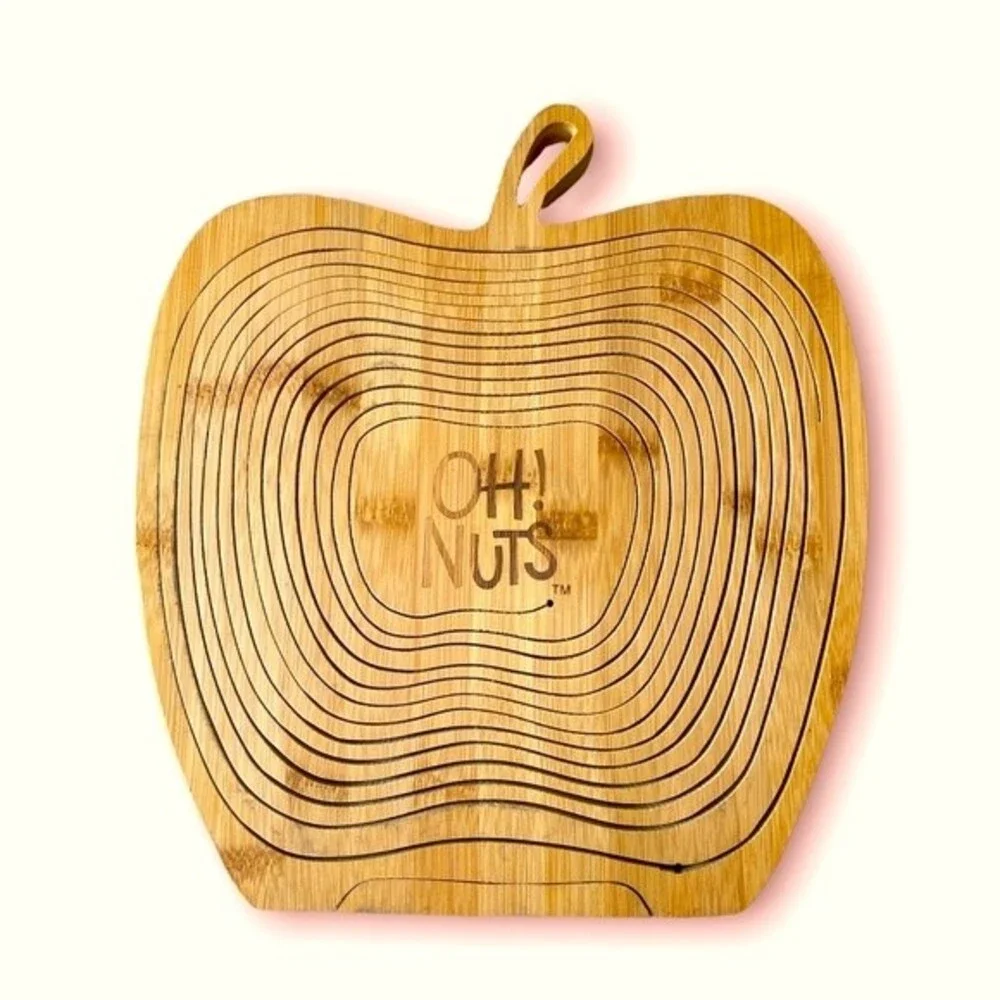 Oh Nuts Apple Bamboo shaped collapsible wooden fruit basket 12x10 new